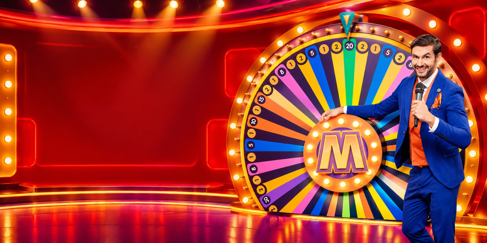 Roda ao vivo do Mega Wheel Latino em estúdio de cassino, com apresentador